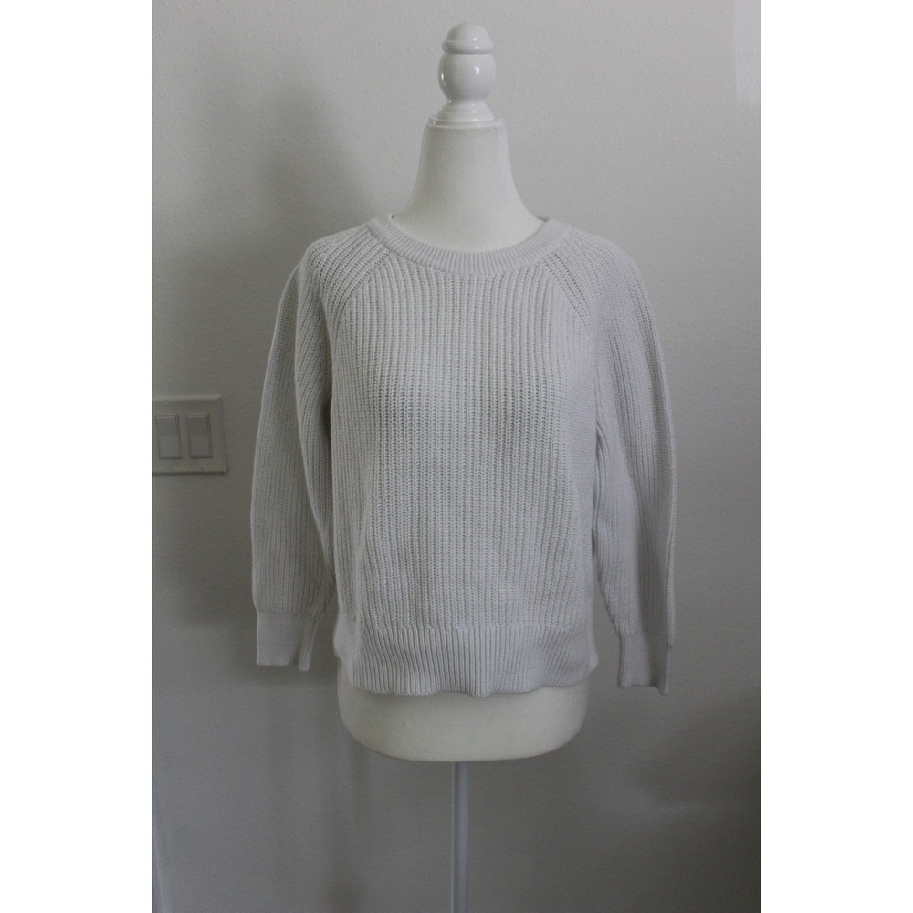 J.Crew‎ Womens White Ribbed Cotton Knit Crew Neck Pullover Sweater Size Small